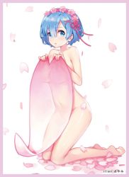 Rule 34 | 10s, ayami (annahibi), bad id, bad twitter id, blue eyes, blue hair, breasts, cherry blossoms, covering privates, covering breasts, flower, groin, head wreath, highres, kneeling, navel, nude, open mouth, oversized object, petals, re:zero kara hajimeru isekai seikatsu, rem (re:zero), see-through, see-through silhouette, short hair, solo