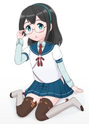Rule 34 | 1girl, aged down, black hair, blue eyes, blue hairband, brown footwear, full body, geometrie, glasses, hairband, highres, hip vent, kantai collection, long hair, looking back, necktie, ooyodo (kancolle), red necktie, ribbon-trimmed legwear, ribbon trim, school uniform, serafuku, simple background, sitting, solo, thighhighs, wariza, white background