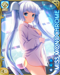 Rule 34 | 1girl, barefoot, blouse, blue eyes, blunt bangs, bottomless, card, character name, day, dress shirt, girlfriend (kari), indoors, miss monochrome, miss monochrome (character), official art, open mouth, qp:flapper, shirt, shy, solo, standing, tagme, twintails, white hair, white shirt, window