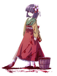 Rule 34 | 1girl, blood, blood on clothes, blunt bangs, bob cut, bucket, calligraphy brush, commentary request, expressionless, female focus, flower, green kimono, hair flower, hair ornament, hieda no akyuu, japanese clothes, kimono, paintbrush, perfect memento in strict sense, purple hair, short hair, solo, standing, tdk, touhou