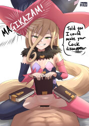 Rule 34 | 1boy, 1girl, blonde hair, censored, clothed female nude male, green eyes, hat, highres, looking at viewer, magilou (tales), nude, nyaxxy, pointy ears, pov, sex, simple background, speech bubble, tales of (series), tales of berseria, vaginal, white background, witch hat