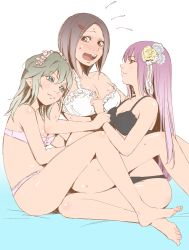 Rule 34 | 3girls, arm grab, barefoot, black bra, black eyes, black panties, blue eyes, blush, body blush, bra, breasts, brown eyes, brown hair, cleavage, collarbone, embarrassed, feet, flying sweatdrops, girl sandwich, grey hair, hair ornament, hairclip, highres, kamiki uutarou, large breasts, long hair, looking at another, looking at viewer, multiple girls, nose blush, off shoulder, open mouth, original, panties, purple hair, sandwiched, sitting, sketch, small breasts, smile, sweat, underwear, underwear only, very long hair, wariza, white background, white bra, yuri