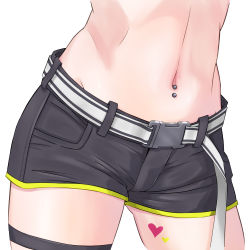 Rule 34 | 1girl, belt, black shorts, buckle, close-up, commentary request, groin, heart, heart tattoo, highres, hololive, leg tattoo, navel, navel piercing, piercing, shorts, simple background, snap-fit buckle, solo, stomach, tattoo, thigh strap, tokoyami towa, virtual youtuber, wagahai karen, white background