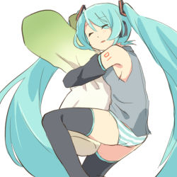 Rule 34 | 1girl, aqua hair, body pillow, closed eyes, detached sleeves, female focus, hatsune miku, hug, hugging object, long hair, no pants, panties, pillow, pillow hug, reki (arequa), simple background, sleeping, solo, spring onion, striped clothes, striped panties, thighhighs, twintails, underwear, very long hair, vocaloid, white background