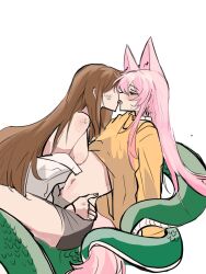 Rule 34 | 4711 (xx), animal ear fluff, animal ears, bang dream!, bang dream! it&#039;s mygo!!!!!, breasts, brown hair, chihaya anon, chinese commentary, closed eyes, collar, commentary request, fang, fox ears, fox girl, fox tail, highres, imminent kiss, long hair, medium breasts, midriff, monsterification, nagasaki soyo, navel, off shoulder, open mouth, pink hair, prehensile hair, scales, shirt, sidelocks, simple background, sweatdrop, tail, white background, white collar, white shirt, yellow shirt, yuri