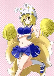 Rule 34 | 1girl, blonde hair, blush, breasts, cheerleader, crop top, crop top overhang, fox tail, hat, kousei (public planet), large breasts, midriff, multiple tails, navel, open mouth, pom pom (cheerleading), short hair, skirt, solo, tail, touhou, yakumo ran, yellow eyes