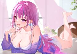 Rule 34 | 1girl, absurdres, ahoge, arm under breasts, armpit crease, ass, bare shoulders, barefoot, bed, bedroom, blue hair, blue nails, breasts, camisole, cleavage, collarbone, colored inner hair, dyed ahoge, feet, fingernails, hair down, highres, hololive, large breasts, legs, light blue hair, light blush, long hair, looking at viewer, lying, minato aqua, morning, multicolored hair, nail polish, on stomach, open mouth, pajamas, pink curtains, plant, purple eyes, purple hair, purple pajamas, raised eyebrow, rei (rei 9146), see-through, solo, strap slip, streaked hair, sweatdrop, thighs, toes, two-tone hair, virtual youtuber, wavy mouth, white camisole, window