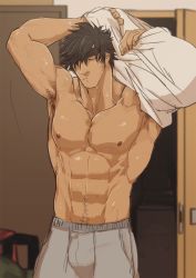 Rule 34 | 1boy, abs, armpits, bara, black hair, clothes lift, highres, male focus, marototori, muscular, nipples, pectorals, shirt lift, topless male, solo focus, sweat, undressing