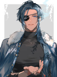 Rule 34 | 1boy, alternate costume, black sweater, blue eyes, blue hair, blue jacket, cigarette, commentary request, earrings, eyepatch, fur-trimmed jacket, fur trim, genshin impact, highres, hiiro (coinxtossxdive), holding, holding cigarette, jacket, jacket on shoulders, jewelry, kaeya (genshin impact), long hair, male focus, necklace, open clothes, open jacket, ponytail, ring, single earring, smoke, smoking, solo, sweater, upper body