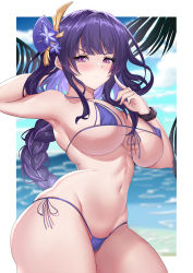 Rule 34 | 1girl, absurdres, armpits, bikini, blue sky, blunt bangs, blush, border, braid, breasts, chinese commentary, cleavage, cloud, covered erect nipples, genshin impact, hair ornament, highres, large breasts, long hair, looking at viewer, micro bikini, mz (yeye ai chipao mian), navel, ocean, palm tree, parted lips, purple bikini, purple eyes, purple hair, raiden shogun, revision, scrunchie, side-tie bikini bottom, sideboob, sidelocks, skindentation, sky, solo, standing, swimsuit, thick thighs, thighs, tree, underboob, v-shaped eyebrows, wrist scrunchie