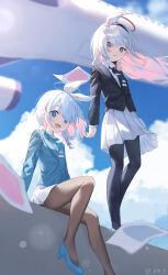 Rule 34 | 2girls, absurdres, aircraft, airplane, alternate costume, aqua jacket, arona (blue archive), black jacket, black pantyhose, blazer, blue archive, blue hair, braid, brown pantyhose, colored inner hair, grey hair, halo, high heels, highres, jacket, kenma pro, looking at viewer, miniskirt, multicolored hair, multiple girls, outdoors, pantyhose, pink hair, plana (blue archive), pleated skirt, shirt, sitting, skirt, standing, travel attendant, two-tone hair, white shirt, white skirt