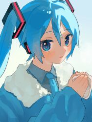 Rule 34 | 1girl, blue eyes, blue hair, blue jacket, blue necktie, collared shirt, fur-trimmed jacket, fur trim, grey shirt, hair between eyes, hair ornament, hatsune miku, highres, holding, jacket, long hair, long sleeves, looking at viewer, nagomi ( nagomi ), necktie, own hands together, parted lips, shirt, solo, twintails, upper body, vocaloid