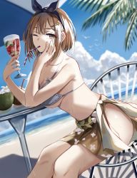 Rule 34 | 1girl, ass, atelier (series), atelier ryza, atelier ryza 1, bare arms, bare legs, bare shoulders, beach, beach umbrella, bikini, blue sky, breasts, brown hair, chair, cloud, coconut, cup, drinking glass, drinking straw, eyebrows hidden by hair, hair between eyes, hair ornament, hair ribbon, hairband, hairclip, highres, holding, holding cup, looking at viewer, mouth hold, nicky w, one eye closed, reisalin stout, ribbon, sand, sitting, sky, solo, swimsuit, table, umbrella, yellow eyes