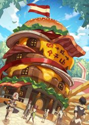 Rule 34 | 3boys, 3girls, :3, black hair, blue sky, brown hair, building, commentary request, day, greentanuki, highres, multiple boys, multiple girls, nina (greentanuki), original, outdoors, oversized food, oversized object, short hair, sky, smile, tree