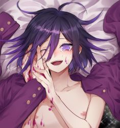 Rule 34 | 2boys, :d, antenna hair, bed sheet, blood, collarbone, commentary request, crying, crying with eyes open, danganronpa (series), danganronpa v3: killing harmony, hair between eyes, hand grab, hand on another&#039;s face, hands up, highres, jacket, jacket on shoulders, long sleeves, looking at viewer, lying, male focus, momota kaito, multiple boys, nanin, nipples, on back, open mouth, oma kokichi, pectorals, pink blood, pink jacket, purple eyes, purple hair, smile, solo focus, tears, teeth, topless male, upper teeth only, yaoi