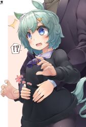 Rule 34 | !?, 1boy, 1girl, 1koma, ^^^, absurdres, animal ears, black pantyhose, black sweater, blue eyes, bow, bowtie, comic, commentary request, cowboy shot, ear covers, green hair, hair ornament, hairclip, head out of frame, hibiki (zerocodo), highres, horse ears, horse girl, horse tail, hug, hug from behind, open mouth, pantyhose, pink background, purple bow, purple bowtie, sailor collar, seiun sky (umamusume), short hair, signature, silent comic, single ear cover, speech bubble, spoken interrobang, surprised, sweatdrop, sweater, tail, trainer (umamusume), turtleneck, turtleneck sweater, umamusume, waist hug, white sailor collar, wide-eyed