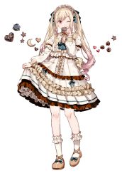 Rule 34 | 1girl, absurdres, blonde hair, brown footwear, candy, chocolate, chocolate heart, colored tips, dress, food, frilled dress, frilled socks, frills, full body, headdress, heart, highres, himitsu no valentine daisakusen! (project sekai), lolita fashion, long hair, long sleeves, looking at viewer, migolu, multicolored hair, one eye closed, pink hair, project sekai, red eyes, simple background, skirt hold, socks, solo, standing, tenma saki, twintails, white background