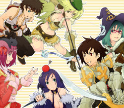 Rule 34 | 2boys, 4girls, amami amayu, aqua hair, archer (ragnarok online), armor, arrow (projectile), beret, black hair, blue eyes, bow (weapon), breasts, cat, champion (ragnarok online), choker, cleavage, cross, detached sleeves, everyone, fingerless gloves, fur, fur-trimmed sleeves, fur-trimmed waist cape, fur trim, gauntlets, glasses, gloves, greek cross, hair ribbon, hat, high priest (ragnarok online), high wizard (ragnarok online), horns, jewelry, knife, large breasts, latin cross, lord knight (ragnarok online), marksman, medium breasts, midriff, multiple boys, multiple girls, necklace, object on head, pink hair, purple hair, ragnarok online, red eyes, ribbon, skirt, smile, sniper, sniper (ragnarok online), socks, stalker, stalker (ragnarok online), sword, swordsman (fgo516824681), waist cape, weapon, witch hat