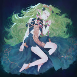 Rule 34 | 1girl, bare shoulders, barefoot, black dress, braid, closed mouth, commentary, dress, english commentary, closed eyes, facing viewer, fire emblem, fire emblem: three houses, flat chest, full body, green hair, hair ornament, hair spread out, hand up, highres, long dress, lying, nintendo, on back, pointy ears, pumpkinspicelatte, side braid, signature, sleeping, solo, sothis (fire emblem), tassel, twin braids, two side up, wristband