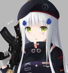 Rule 34 | 1girl, assault rifle, beret, breasts, character name, cross, facepaint, german flag, girls&#039; frontline, gloves, green eyes, gun, h&amp;k hk416, hair ornament, hat, heckler &amp; koch, highres, hk416 (girls&#039; frontline), holding, holding gun, holding weapon, iron cross, jacket, keenh, long hair, looking at viewer, medium breasts, military jacket, open mouth, rifle, silver hair, simple background, solo, upper body, weapon