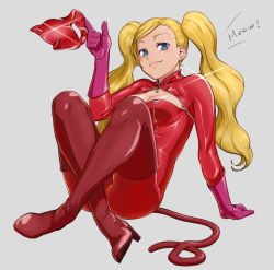 Rule 34 | 1girl, blonde hair, blue eyes, bodysuit, breasts, cleavage, closed mouth, earrings, gloves, highres, jewelry, jkataishi, long hair, looking at viewer, mask, persona, persona 5, simple background, smile, solo, takamaki anne, twintails