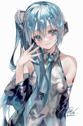 Rule 34 | 1girl, aqua eyes, aqua hair, aqua nails, aqua necktie, bare shoulders, blush, breasts, broken miku&#039;s tail (meme), closed mouth, collared shirt, commentary, derivative work, detached sleeves, hair between eyes, hand to own mouth, hatsune miku, hatsune miku (noodle stopper), head tilt, headphones, highres, long hair, looking at viewer, meme, nail polish, necktie, number tattoo, shirt, side ponytail, signature, sleeveless, sleeveless shirt, small breasts, smile, solo, symbol-only commentary, tattoo, upper body, utsuhostoria, very long hair, vocaloid, white background, wide sleeves