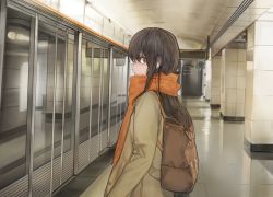 Rule 34 | 1girl, absurdres, backpack, bag, brown eyes, brown hair, coat, commentary, enpera, free style (yohan1754), from side, highres, indoors, long sleeves, looking at viewer, matching hair/eyes, original, scarf, sliding doors, solo, standing, subway station, upper body