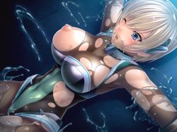 Rule 34 | 00s, 1girl, aikawa arisa, blonde hair, blue eyes, bodysuit, breasts, brown pantyhose, defeat, gagged, gradient background, laetitia bellmer, large breasts, leg grab, lilith-soft, nipples, open mouth, pantyhose, restrained, short hair, slime, taimanin (series), taimanin asagi, taimanin asagi kessen arena, tears, torn clothes