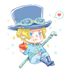 Rule 34 | 1boy, apple, blonde hair, chibi, ascot, eating, food, fruit, hat, highres, male focus, one piece, pole, sabo (one piece), sitting, staff, top hat