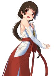 Rule 34 | 10s, 1girl, absurdres, akasaai, amayadori machi, backless outfit, bare shoulders, brown hair, detached sleeves, from side, hair ribbon, hakama, hakama skirt, highres, japanese clothes, kumamiko, long hair, low ponytail, miko, open mouth, ponytail, red eyes, red hakama, ribbon, simple background, skirt, solo, white background