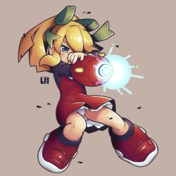 Rule 34 | 1girl, arm cannon, black shirt, blonde hair, blue eyes, boots, brown background, commentary, dress, eyebrows hidden by hair, full body, green ribbon, hair ribbon, knee boots, long sleeves, mawaru (mawaru), mega man (classic), mega man (series), panties, ponytail, red dress, red footwear, ribbon, roll (mega man), shirt, simple background, solo, tears, thick eyebrows, underwear, weapon, white panties