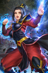 Rule 34 | 1girl, avatar: the last airbender, avatar legends, azula, black hair, breasts, brown eyes, chest guard, cowboy shot, electricity, electrokinesis, fighting stance, hair bun, highres, lightning, long bangs, medium breasts, neoartcore, open mouth, paid reward available, solo, tagme, teeth, topknot