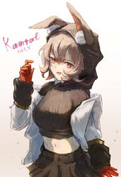 Rule 34 | 1girl, absurdres, animal ear fluff, animal ears, arknights, artist name, black hood, black skirt, breasts, brown hair, caper (arknights), commentary request, dated, ears through hood, gloves, hair between eyes, highres, hood, hood up, jacket, karenncat, looking at viewer, midriff, navel, open mouth, rabbit ears, rabbit girl, red eyes, red gloves, short hair, simple background, skirt, small breasts, solo, white background, white jacket
