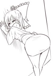 Rule 34 | 1girl, ahoge, bent over, blush, bow, closed mouth, from behind, greyscale, hair bow, hair tubes, hakurei reimu, leaning, miyo (ranthath), monochrome, nose blush, one eye closed, solo, sweat, touhou