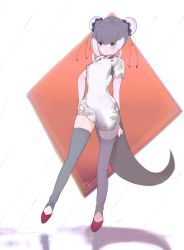 Rule 34 | 10s, 1girl, :3, absurdres, adapted costume, animal ears, bad id, bad twitter id, blush, china dress, chinese clothes, double bun, dress, flats, floral print, grey hair, highres, kemono friends, multicolored hair, otter ears, otter tail, palun1991, short hair, short sleeves, small-clawed otter (kemono friends), solo, tail, thighhighs, toeless legwear, white hair
