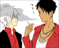 Rule 34 | 2boys, black hair, capcom, character request, cigarette, dante (dmc: devil may cry), devil may cry (series), dmc: devil may cry, jewelry, male focus, multiple boys, necklace, og, red eyes, smoking