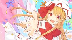 Rule 34 | 1girl, blonde hair, bow, bowtie, capelet, danmaku, dress, dutch angle, fairy, fairy wings, flower, happy, hat, hat bow, highres, lily white, long hair, open mouth, orange eyes, red bow, red bowtie, solanikieru, touhou, upper body, very long hair, white capelet, white dress, white hat, wide sleeves, wings