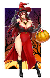 Rule 34 | 1girl, absurdres, autumn, bare shoulders, black choker, black footwear, black gloves, black hair, boots, branch, breasts, candy, choker, cleavage, contrapposto, dress, earrings, elbow gloves, erkaz, facing viewer, food, full body, gloves, gradient hair, halloween, halloween bucket, halloween costume, hat, highres, jack-o&#039;-lantern, jewelry, karinka katyusha (erkaz), large breasts, long hair, multicolored hair, necklace, night, night sky, no bra, no panties, original, outdoors, outline, red dress, red eyes, red hair, red hat, red lips, revealing clothes, side slit, sky, smirk, solo, standing, strapless, strapless dress, tree, white outline, witch hat