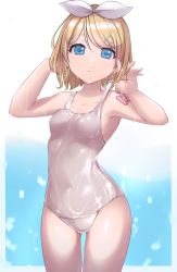 Rule 34 | 1girl, absurdres, blonde hair, blue eyes, bow, commentary, cowboy shot, hair bow, hair ornament, hairclip, hands in hair, hands up, highres, kagamine rin, looking at viewer, one-piece swimsuit, parted lips, saikuu, school swimsuit, short hair, shoulder tattoo, solo, standing, swept bangs, swimsuit, tattoo, thigh gap, vocaloid, wet, wet clothes, white bow, white one-piece swimsuit