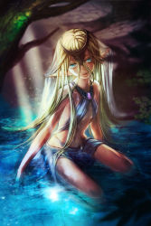Rule 34 | 10s, 1girl, bare shoulders, blonde hair, breasts, chain chronicle, elf, gem, hair between eyes, headwear request, highres, light rays, long hair, looking at viewer, maikama, necktie, outdoors, parted lips, partially submerged, pointy ears, sitting, sleeveless, small breasts, solo, sunbeam, sunlight, tree, underboob, very long hair, water