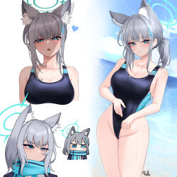 Rule 34 | 1girl, 82jhin, absurdres, animal ear fluff, animal ears, aqua scarf, blue archive, blush, breasts, chibi, chibi inset, cleavage, collarbone, competition swimsuit, covered navel, cross hair ornament, groin, hair ornament, halo, heart, highres, looking at viewer, medium breasts, mismatched pupils, mixed-language commentary, multiple views, one-piece swimsuit, outdoors, ponytail, redrawn, scarf, school uniform, shaded face, shiroko (blue archive), shiroko (swimsuit) (blue archive), sidelocks, signature, spoken heart, swimsuit, two-tone one-piece swimsuit, water drop, wolf ears