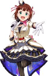 Rule 34 | 1girl, amami haruka, brown hair, gloves, green eyes, hat, highres, holding, holding microphone, idolmaster, idolmaster (classic), idolmaster tours, microphone, mini hat, official art, open mouth, solo, star (symbol), transparent background
