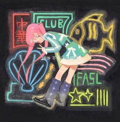Rule 34 | bent over, black background, black footwear, bow, bow skirt, english text, fish, from side, green shirt, green skirt, hair ornament, hairclip, layered skirt, leg warmers, long hair, long sleeves, looking at viewer, looking to the side, no mouth, no nose, original, pastel (medium), pink eyes, pink hair, seashell, seasideiiii, shell, shirt, shoes, skirt, skirt set, sleeves past wrists, traditional media, twintails, v, very long hair, watermark, white bow, x hair ornament