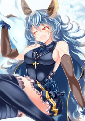 Rule 34 | 1girl, ;d, animal ears, ayasato karen, bare shoulders, blue dress, blue footwear, blue hair, blush, boots, breasts, commentary request, curly hair, dress, elbow gloves, erune, ferry (granblue fantasy), ghost, gloves, granblue fantasy, hair ornament, highres, long hair, medium breasts, one eye closed, open mouth, headpat, sideless outfit, simple background, sleeveless, sleeveless dress, smile, thigh boots, thighhighs, very long hair, white background, x hair ornament, yellow eyes