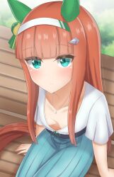 Rule 34 | 1girl, absurdres, alternate costume, animal ears, bench, breasts, casual, closed mouth, clueless, collarbone, commentary request, downblouse, extended downblouse, green eyes, hair ornament, headband, highres, hime cut, horse ears, horse girl, horse tail, jewelry, katsuragi b k, long hair, looking at viewer, navel, necklace, no bra, orange hair, silence suzuka (umamusume), sitting, small breasts, smile, solo, tail, textless version, umamusume