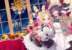 Rule 34 | 2girls, :d, abigail williams (fate), abigail williams (festival outfit) (fate), animal, apple, apron, banana, black dress, blonde hair, blue eyes, blush, bread, brown jacket, butterfly hair ornament, candle, candlestand, collared dress, commentary request, dress, fate/grand order, fate (series), fire, flower, food, fruit, grapes, green apple, hair ornament, heroic spirit festival outfit, holding, holding tray, indoors, jacket, katsushika hokusai (fate), katsushika hokusai (festival outfit) (fate), long sleeves, maid headdress, multiple girls, night, night sky, octopus, official alternate costume, open clothes, open jacket, open mouth, parted bangs, pink flower, purple flower, purple hair, red apple, shirt, sidelocks, sky, sleeveless, sleeveless dress, sleeves past fingers, sleeves past wrists, smile, star (sky), starry sky, stuffed animal, stuffed toy, teddy bear, ten-chan (eternal s), tokitarou (fate), tray, turkey (food), white apron, white shirt, window
