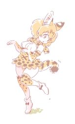 Rule 34 | 10s, 1girl, animal ear fluff, animal ears, bare shoulders, belt, blonde hair, boots, bow, bowtie, commentary request, elbow gloves, footwear bow, full body, gloves, high-waist skirt, kemono friends, mitsumoto jouji, multicolored hair, paw pose, serval (kemono friends), serval print, serval tail, shoes, short hair, skirt, sleeveless, solo, standing, standing on one leg, tail, thighhighs, zettai ryouiki