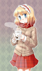 Rule 34 | 1girl, alice margatroid, alternate costume, arnest, blonde hair, blue eyes, blush, coat, cup, hairband, looking at viewer, mug, open mouth, plaid, plaid scarf, plaid skirt, scarf, short hair, skirt, solo, touhou