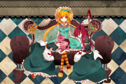 Rule 34 | 10s, 3girls, bad id, bad pixiv id, blonde hair, bow, candeloro, candeloro&#039;s familiars, checkered background, couch, drill hair, hair bow, highres, kaname madoka, long hair, mahou shoujo madoka magica, mahou shoujo madoka magica (anime), mmco, multiple girls, pantyhose, personification, pink eyes, pink hair, polearm, red eyes, red hair, sakura kyoko, sitting, smile, spear, striped clothes, striped legwear, striped thighhighs, thighhighs, tomoe mami, weapon, yellow eyes, yuri