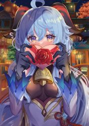 Rule 34 | 1girl, afueeriru, ahoge, architecture, bell, black gloves, blue hair, blush, bodysuit, box, breasts, covered mouth, detached sleeves, east asian architecture, flower, flower knot, flying sweatdrops, ganyu (genshin impact), genshin impact, gift, gift box, gloves, goat horns, hair ornament, heart-shaped box, highres, holding, holding box, holding gift, horns, long hair, looking at viewer, medium breasts, neck bell, night, night sky, purple eyes, red flower, red rose, rose, sky, solo, upper body, valentine, vision (genshin impact), wide sleeves